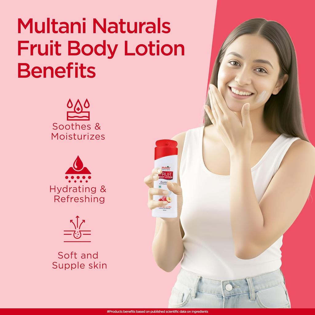 Multani Natural Fruit Body Lotion Pack of 2 100ml Each Quick Absorbing Non Sticky Face Body Hands Moisturizer Glowing Skin Hydration Care