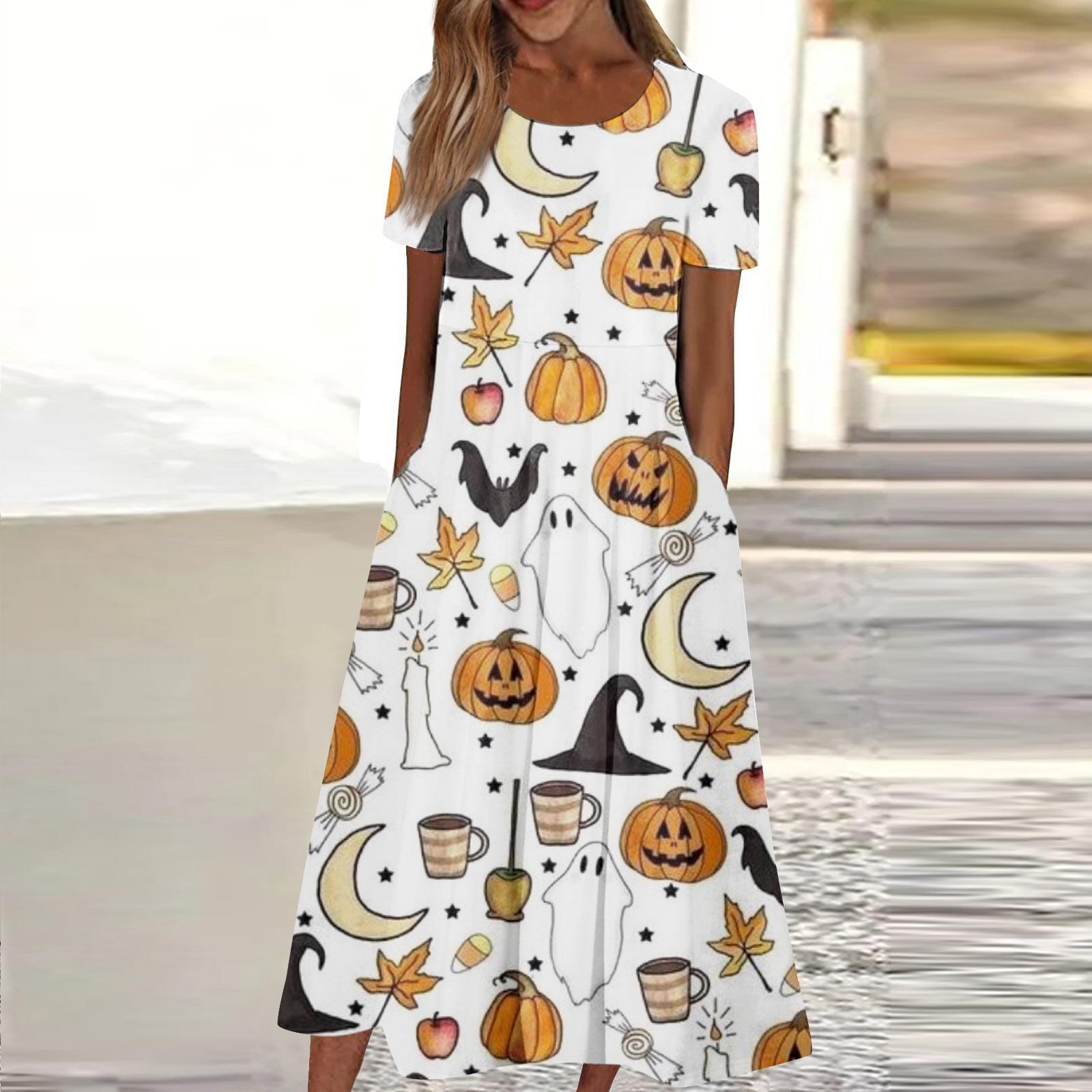 

Женское повседневное модное платье с коротким рукавом и круглым вырезом с принтом на Хэллоуин и карманом XXL белый