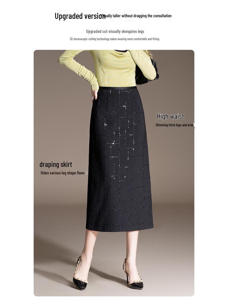 Spring 2026 Black Sequin Slim Bodycon High Waist Midi Pencil Skirt