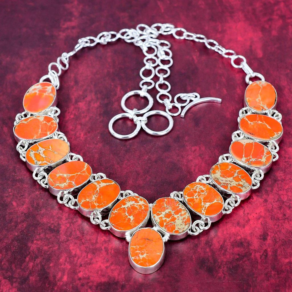 Orange Sea Sediment 925 Solid Sterling Silver Necklace with Adjustable Chain, Handmade Gemstone Jewelry Necklace For Memorial Day