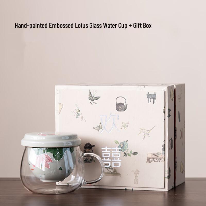 

Taozhi Ash Glaze Hand-Painted Lotus Mug & Glass Set