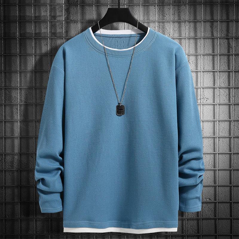 Waffle Long-sleeved T-shirt for Men's Spring Autumn Fake Two-piece Sweatshirt New Base Shirt Solid Color