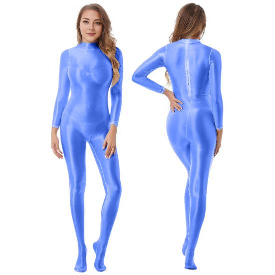 Lady Glossy Bodystocking Stretchy Sexy Full Bodysuit Long Sleeve Jumpsuit with Zipper Shiny Smooth Leotard Catsuit for Dance Practice Club Pole Dance