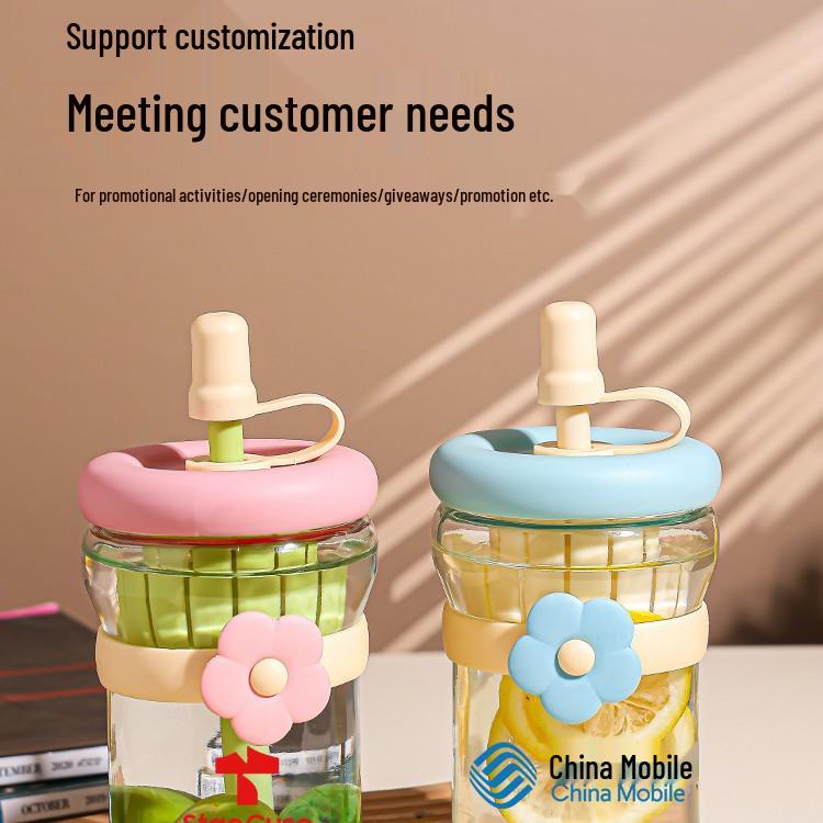 Stylish Portable Glass Cup with Straw - Cute Macaron Design