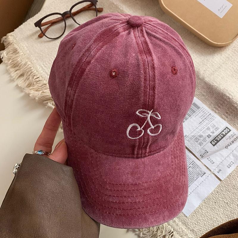 Cherry Embroidery Baseball Hat For Women Girl Long Brim Snapback Duck Tongue Hats Soft Washed Cotton Outdoor Visors Peaked Cap