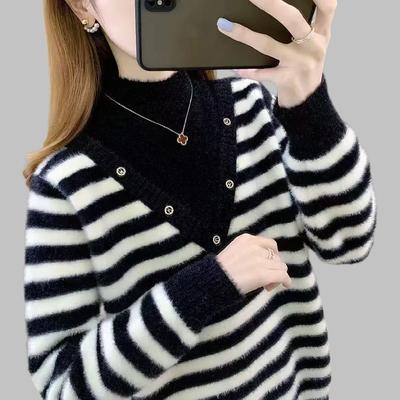 Herbst und Winter Nachahmung Nerz Halbturtleneck Samt Verdickt Thermischer Pullover Schulmädchen Locker Gestreift Unterhemd
