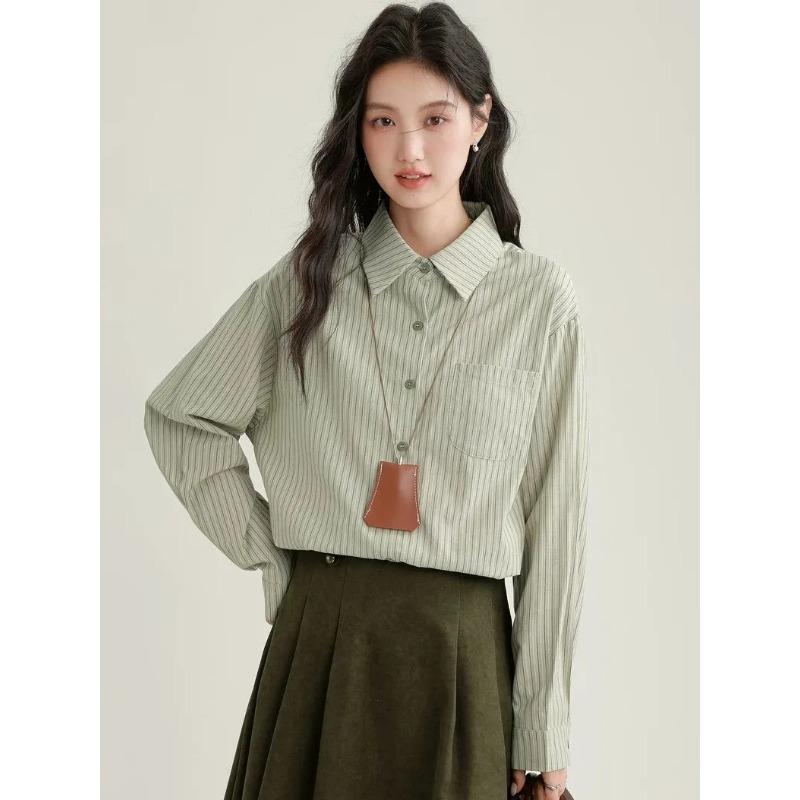 

Women s Light Green Striped Long Sleeve Shirt Casual Loose Fit Button Down Blouse L зелёный