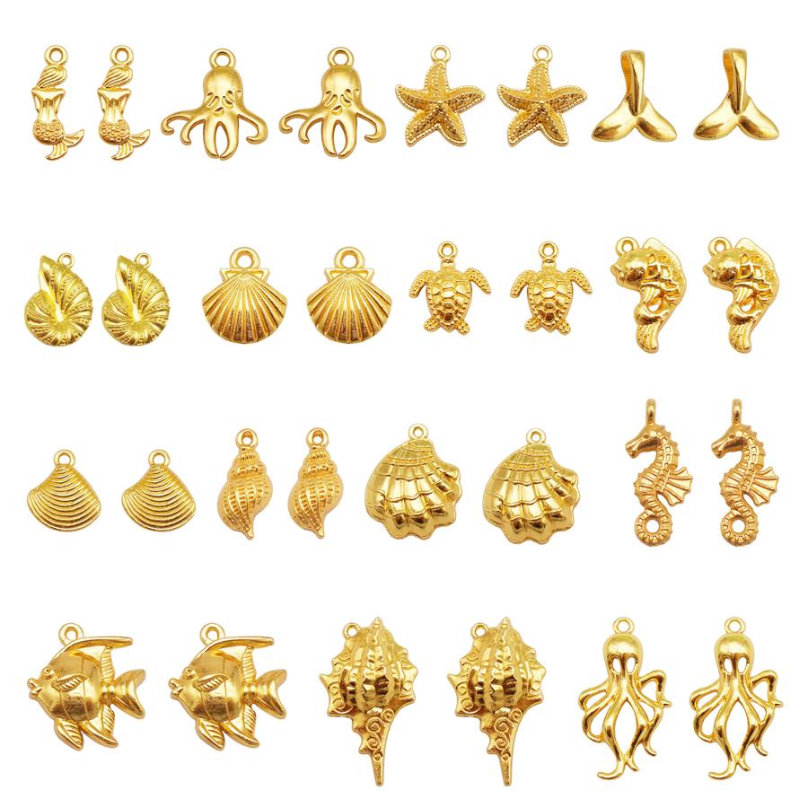10/15PCS Gold Color Marine Life Charms Alloy Fish Mermaid Shell Conch Seahorse Octopus Pendant Bracelet Jewelry Making Accessory