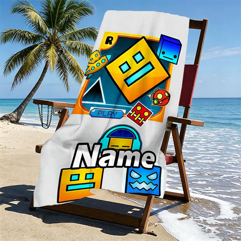 Custom Name Personalized Geometry Dash Print Beach Towel, for Trip Camping Beach Party Home Decor, Birthday Gift for Family & Friends