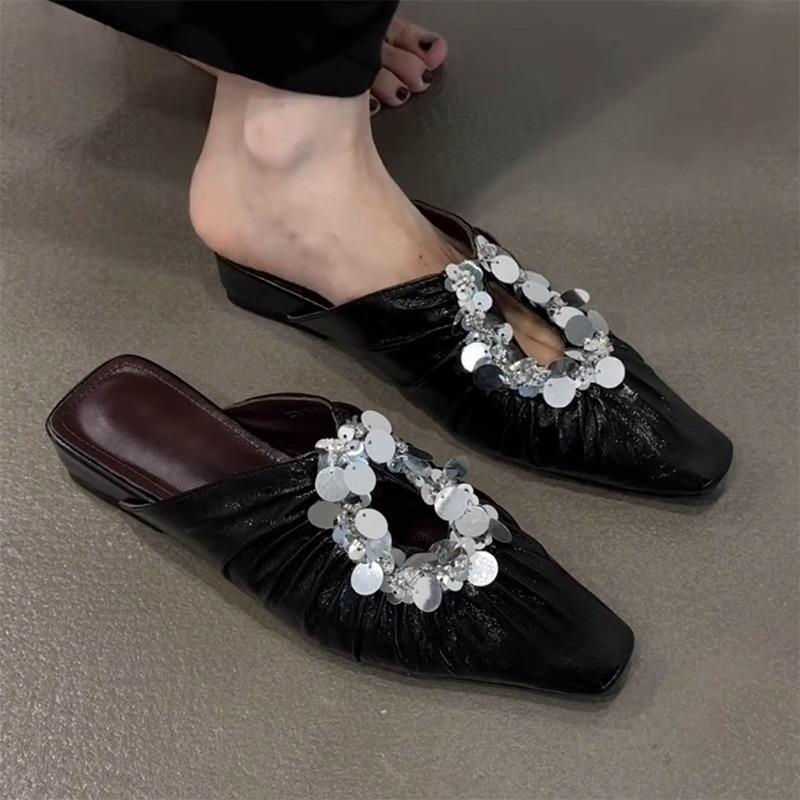 Fashion Pleated Cutout Sequin Slippers Baotou 2025 Summer Outside French Square Toe Women's Half Slippers