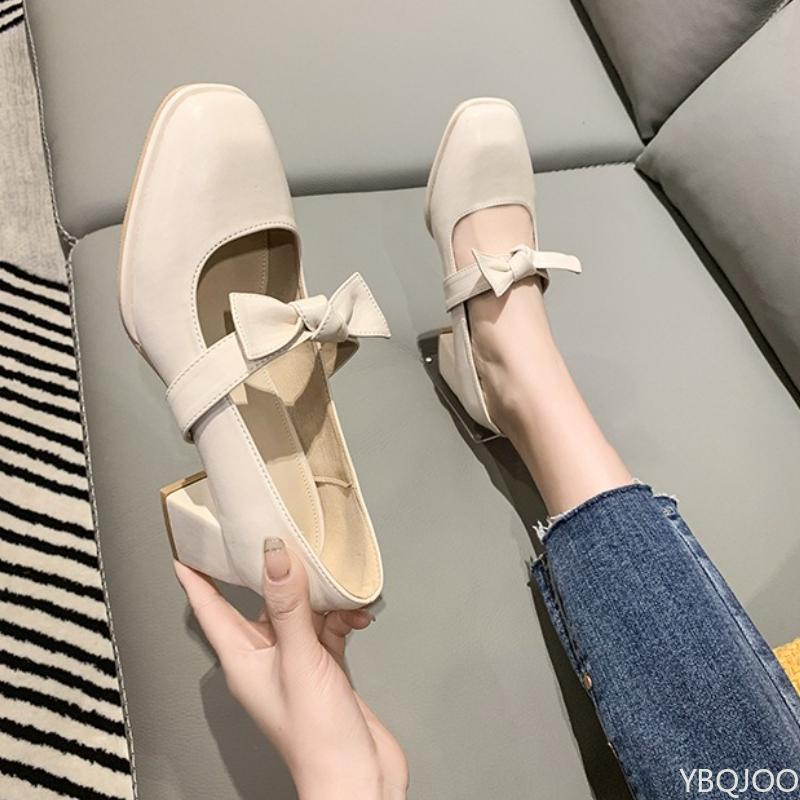 Fashion Square toe single shoe women's high heels new fairy style casual anti slip simple comfortable thick heel bow women's shoes