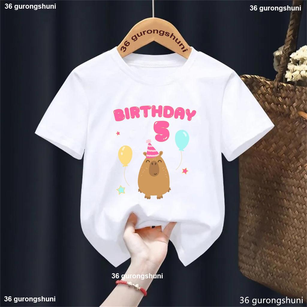 5th/6th/7th/8th/9th Birthday Capybara Balloon Printed Tshirt Girls/Boys Funny Kawaii Kids Clothes Fashion Solid T-Shirt Tops