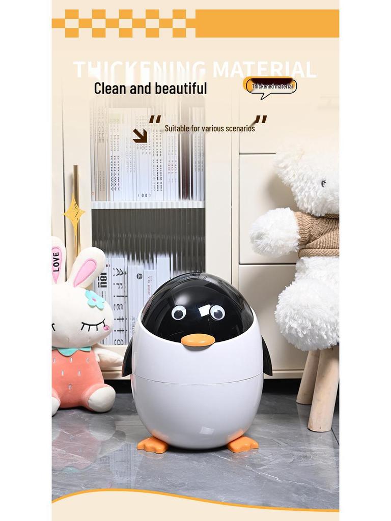 Cartoon Penguin Flip-Top Trash Can with Lid - Cute Style for Living Room or Bedroom