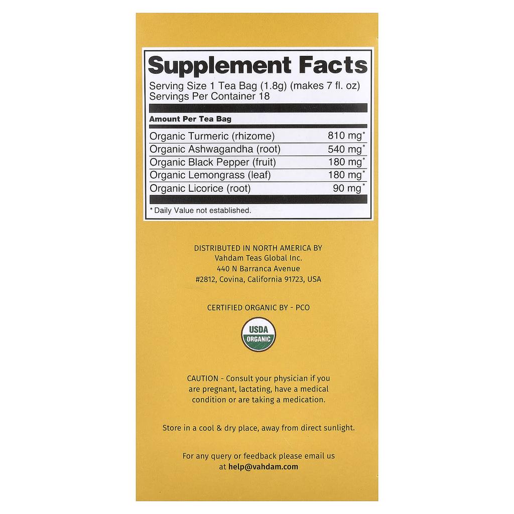 VAHDAM India, Infusions, Turmeric Ashwagandha, Caffeine Free, 18 Infusion Bags, 32.4g (1.14oz)