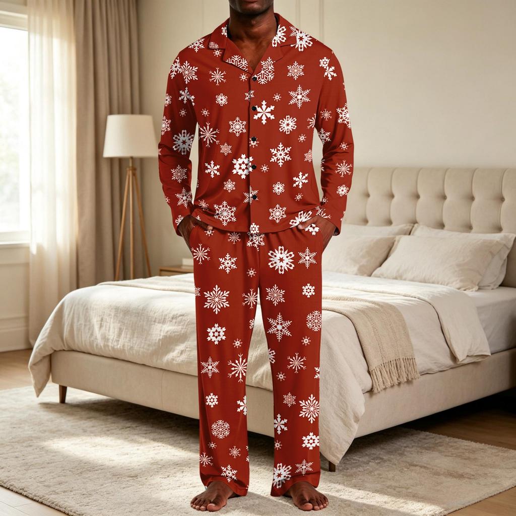 Men's Christmas Pajama Set with Button Down Shirt and Straight Leg Pants, Casual Print Sleepwear Two Piece Outfit, Festive Holiday Loungewear
