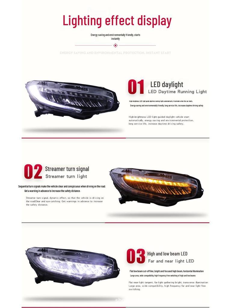 Compatible LED Flowing Turn Signal DRL Headlight Assembly for 16-20 Tenth-Gen Civic