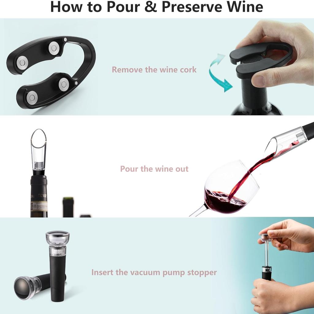 Wine Opener Set, Battery Operated Wine Bottle Corkscrew Opener with Foil , Wine Aerator Pourer, Vacuum Stoppers, Reusable Wine B