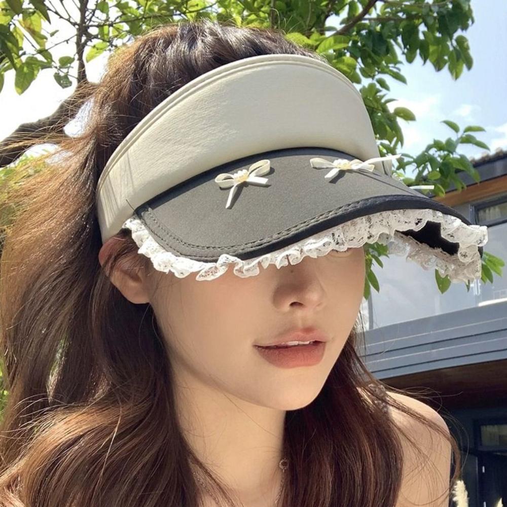 Bowknot Lady's Sun Hat Lace Brim Sun Protection Hat Cartoon Empty Top Cap  Girls