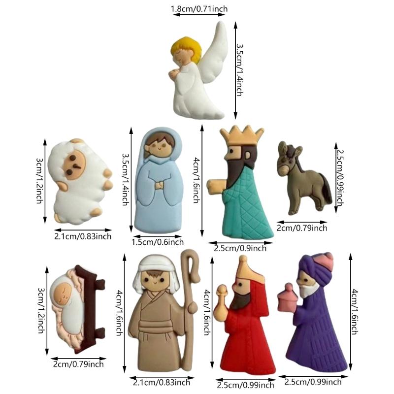 9 Stück/Set Krippenfiguren Aufnäher PVC Mini-Statuen Cartoon Flachrücken Anhänger Verzierungen für Weihnachten DIY Bastel Dekorationen