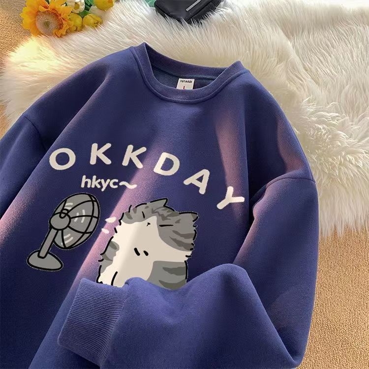 

Новая женская модная повседневная толстовка с длинным рукавом и круглым вырезом с милым рисунком кота 2024 S