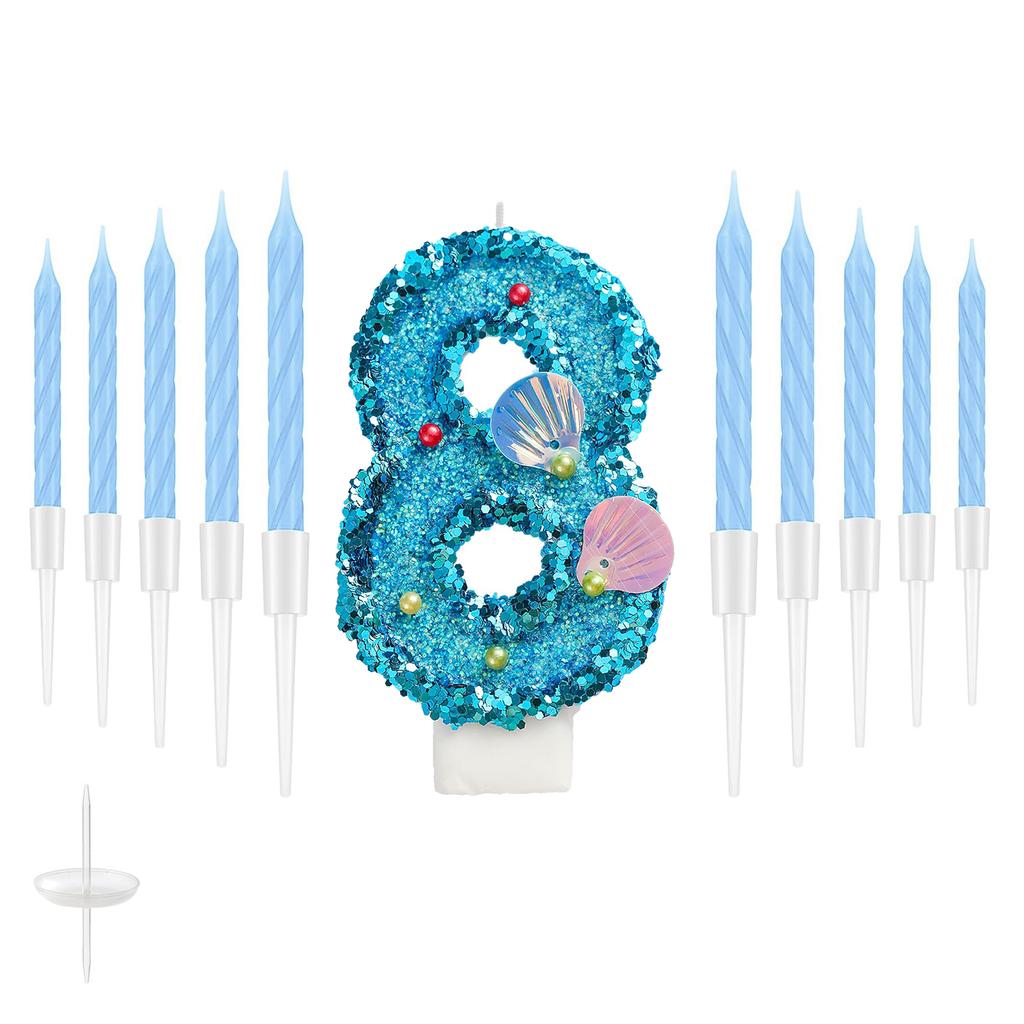 11pcs Blue Number Candle,Shell Sequins Number Candles for Birthday Cakes Mermaid Themed Party Supplies Number 0-9 Candle