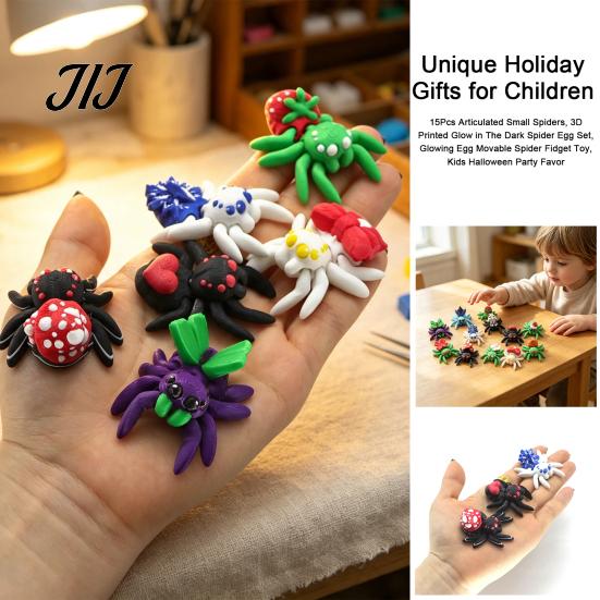 Halloween Classroom Prizes 15Pcs Articulated Small Spiders, 3D Printed Glow in The Dark Spider Egg Spooky Toys for Kids Set, Glowing Movable