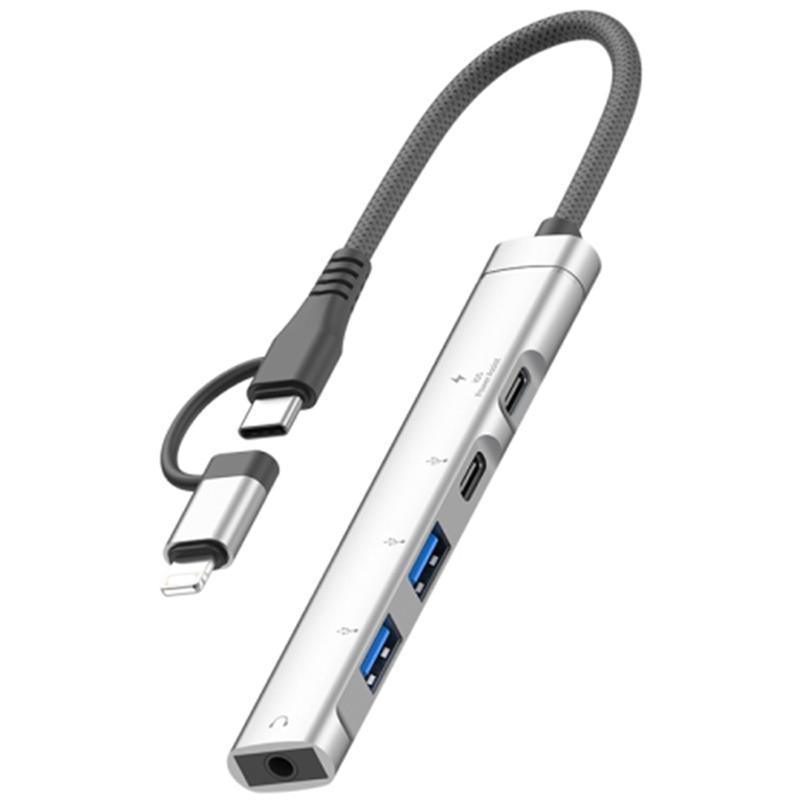 

5-в-1 USB-хаб Type-C/8-Pin з зарядкою Type-C + даними Type-C + 2xUSB + 3,5-мм аудіороз ємом B