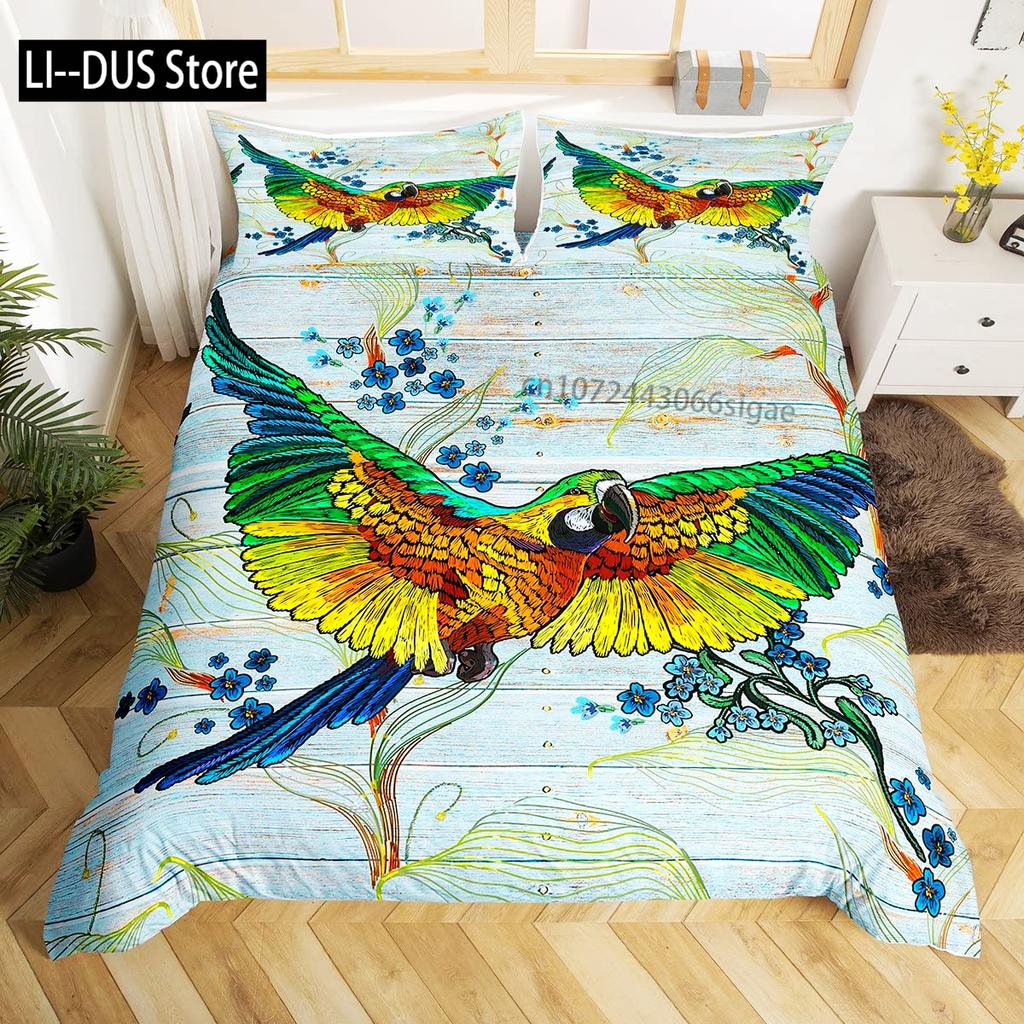 Tropical Leaves and Parrot Birds 3 Piece Bedding Set with Soft Duvet Cover and 2 Pillow Shams Printed Decoration for All Seasons