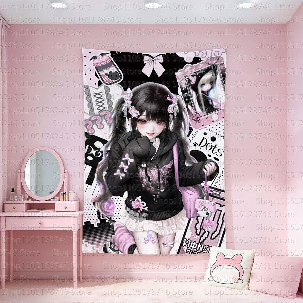 y2k black and pink wall hanging rental roomdormitory wall tapestry girly decorative cloth
