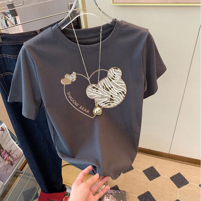 

Shoulder cotton short-sleeved t-shirt women s summer thin t-shirt 2025 new loose apricot t-shirt slim top trend 3XL