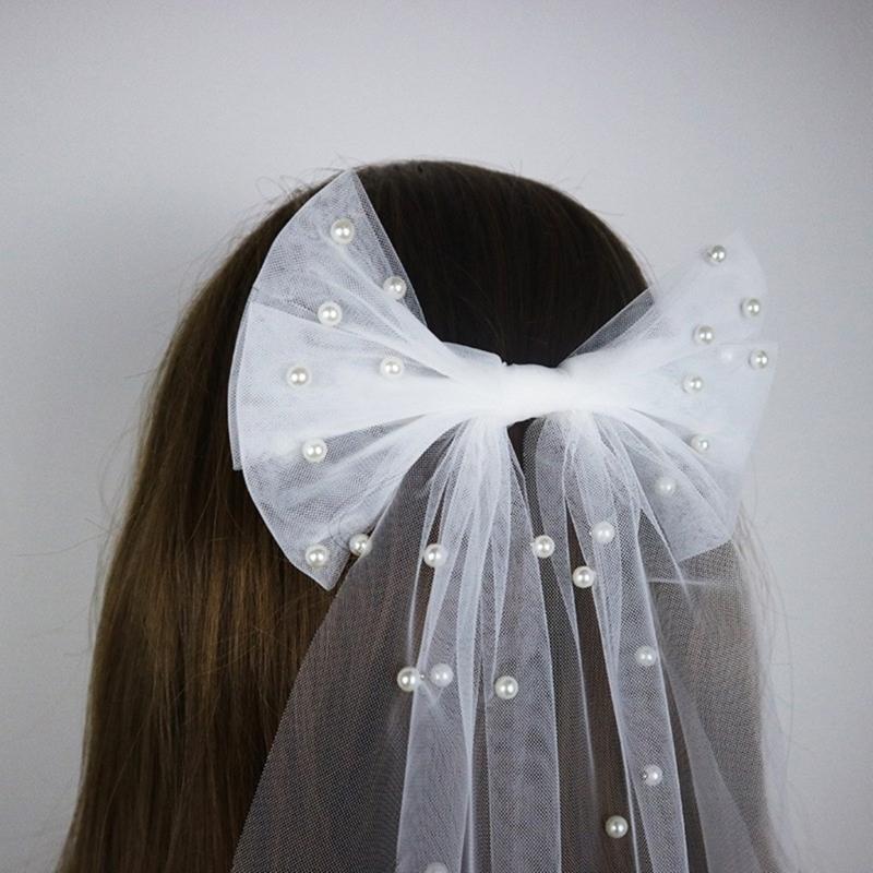 Wedding Party Bride Veil with Beadwork DoubleLayer Bows Bridal Veil Elegant Short Veil Bride Bridemaid Hair Accessories