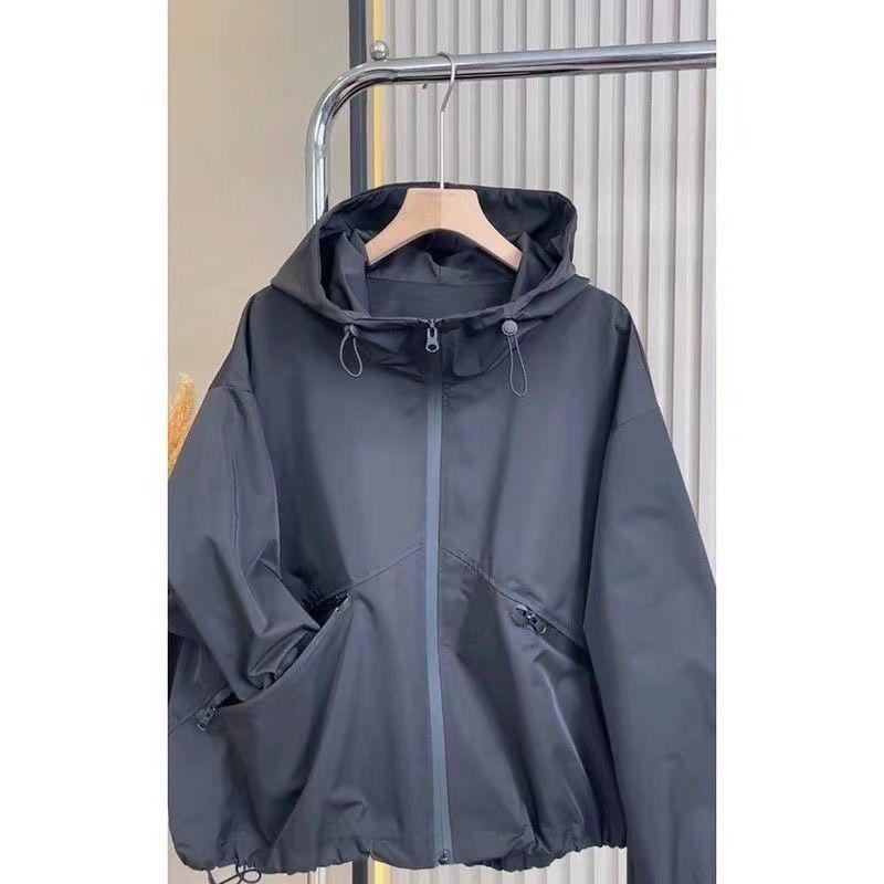 2024 Women's Trendy Black Hooded Windbreaker Jacket - Casual Autumn High-End Style