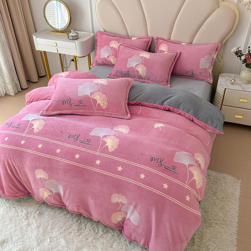 Thickened Milk Fleece Printing Four-Piece Set, Fleece Warm Coral Fleece Skin-Friendly Student Dormitory