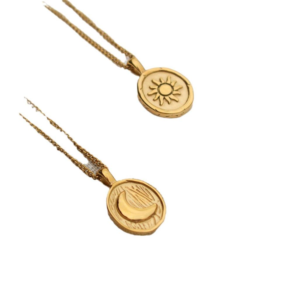 Sun Moon Round Coin Necklace: Stainless Steel with 18k Gold Plating