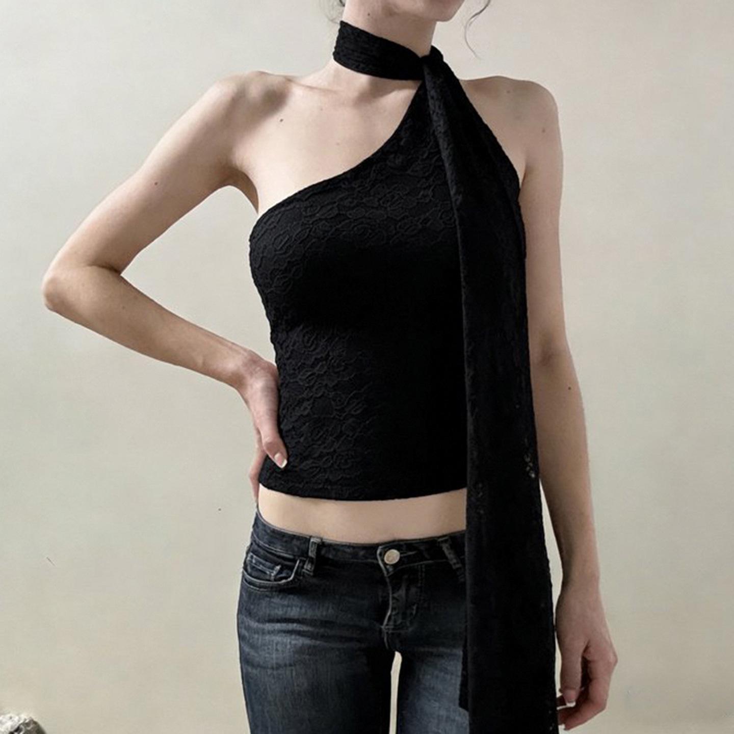 INS 2026 Spring Women s Lace Patchwork Pink Halter Asymmetrical Neck Sleeveless Top - Pure Desire Hot Girl Style L чёрный