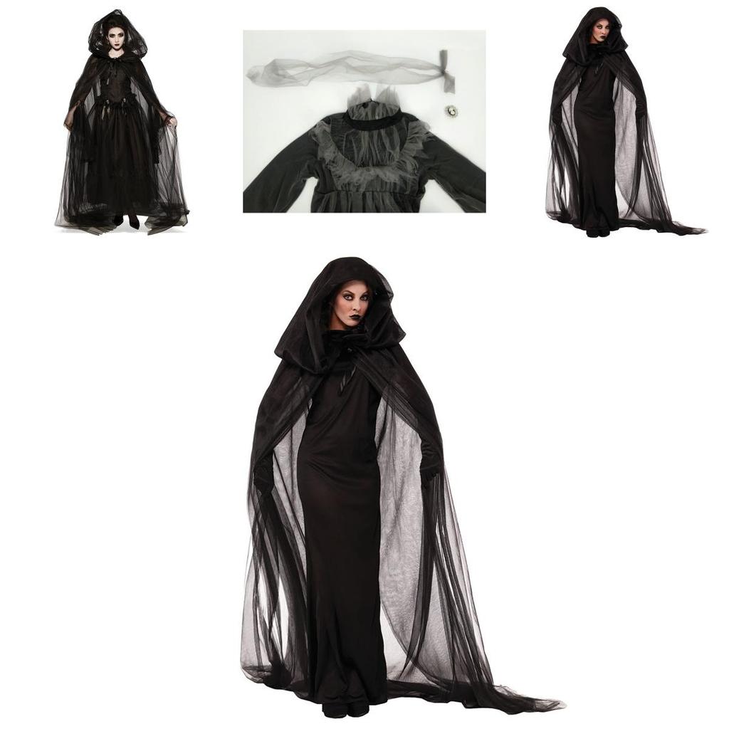 Witch Long Costume For Women Halloween Cosplay Party Cape Gloves Skirt Polyester Fabric