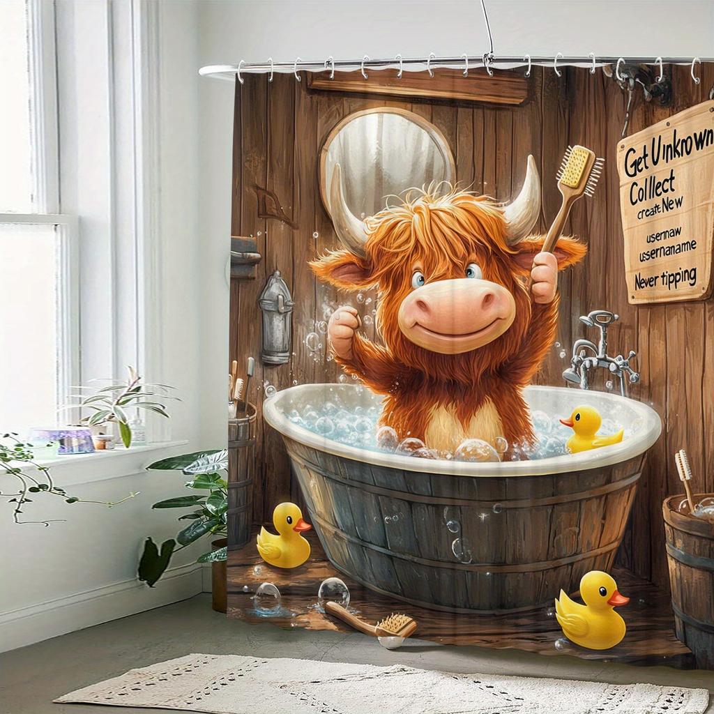 Funny Highland Cow Waterproof Shower Curtain - Rustic Bathroom Design, Anti-Mold,Easy To Clean,Durable Fabric for Bathroom Decor