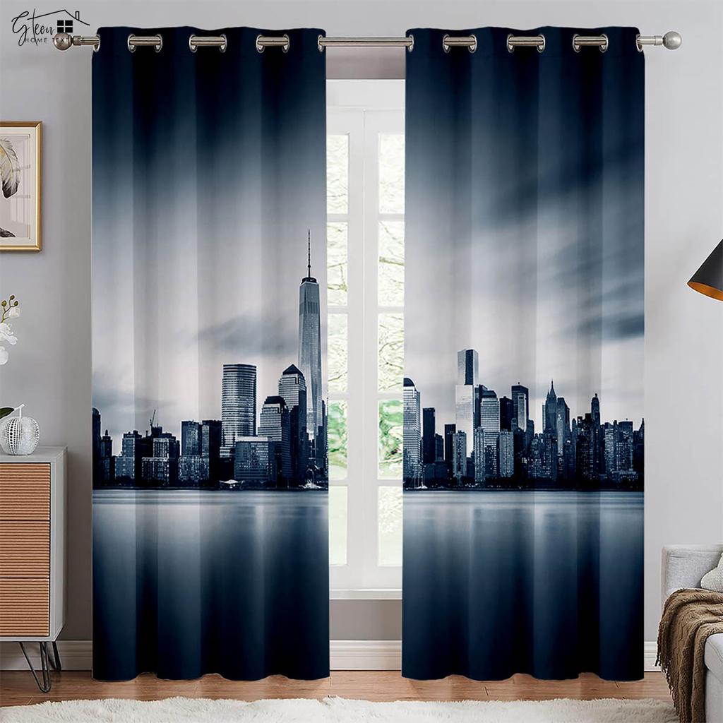 Modern Minimalist City Building 3D Printed Curtains Street View Night View Neon Hand-Painted Living Room Bedroom Custom Curtains