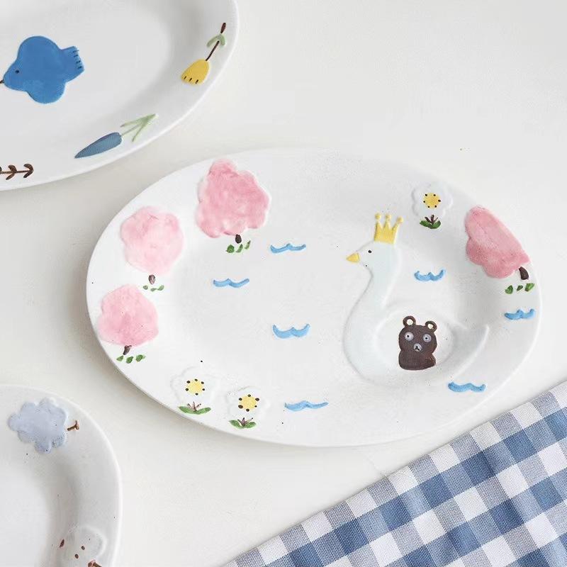 Relief Ceramic Plate Lovely Oval Dessert Dish Household Plant Pattern Large Breakfast Plates Retro Hand-Painted Storage Tray