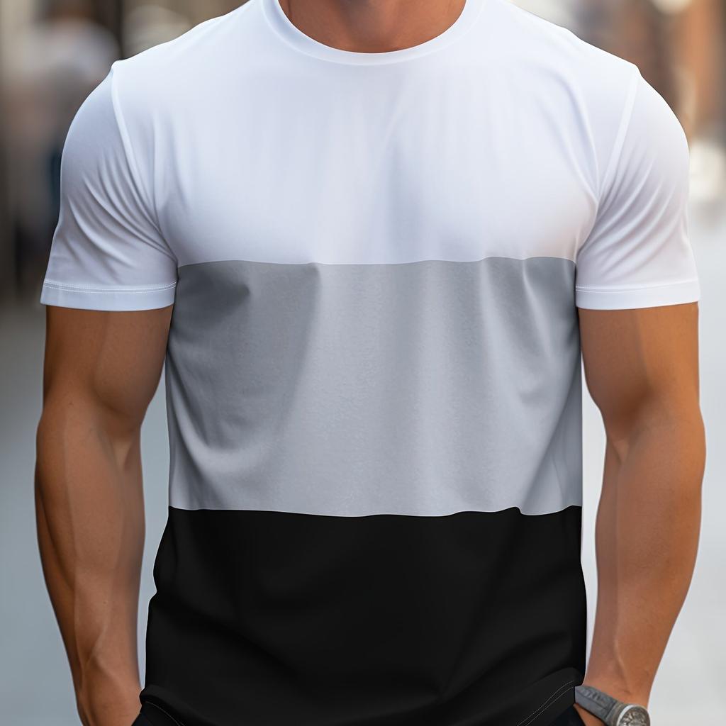 Men's Contrast Color Stripe Pattern Print T-shirt With Crew Neck And Short Sleeve, Casual And Comfy For Summer Leisurewear
