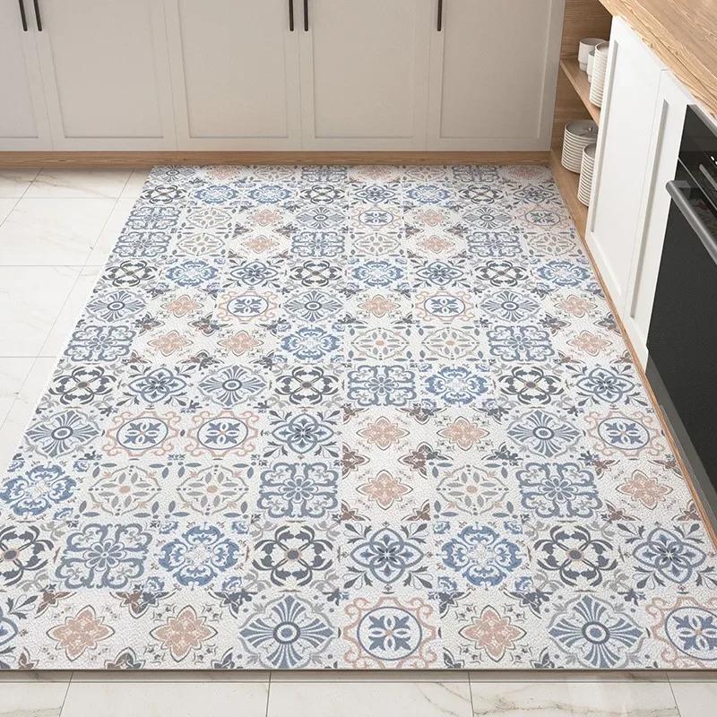 PVC Kitchen Carpet Waterproof Non-slip Floor Mat Large Oil-proof Leather Foot Mats American Retro Bohemian Home Decoration Rug