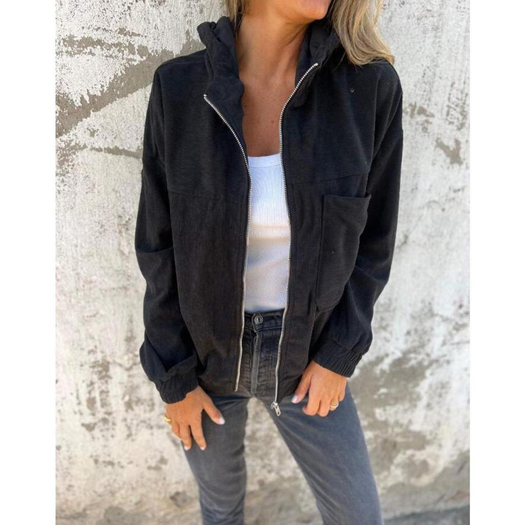 Nuova Giacca con Cappuccio in Velluto a Coste Monocolore da Donna Moda Casual Manica Lunga Capospalla per Autunno Inverno