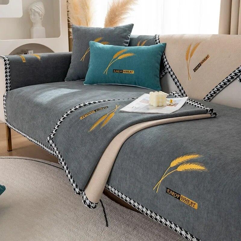 Modern Chenille Sofa Cover Wheat Head Embroidery Anti-slip Slipcover Universal Couch Mat for Living Room Four Season