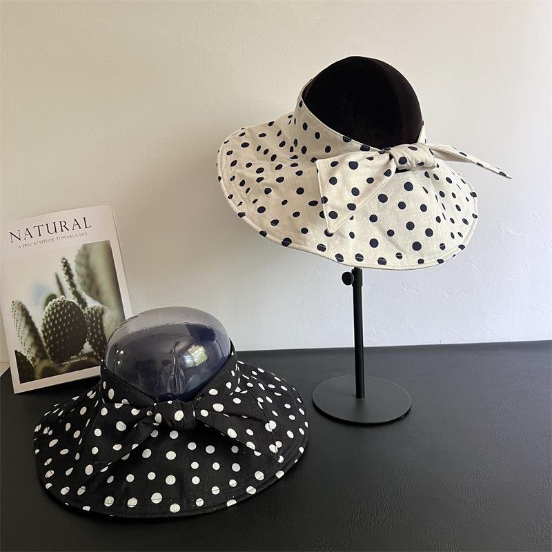 Japanischer Stil Polka Dot Leinen Breiter Rand Sonnenhut Damen UV-Schutz Faltbar Leere Oberseite Gesichtsschutz Kappe Outdoor Sommer Sonnenschutz