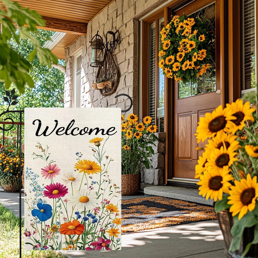 Spring Summer Daisy Garden Flag 12x18 Inch Double Sided, Colorful Floral Yard Decor, Welcome Farmhouse Outdoor Flag for Lawn