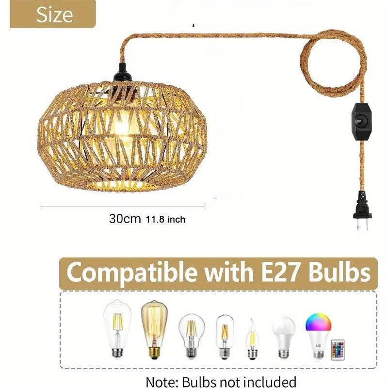 Personality Boho Style Retractable Rattan Ceiling Pendant Light With Dimmable Switch Bamboo Light Fixture Kitchen Island Lamp