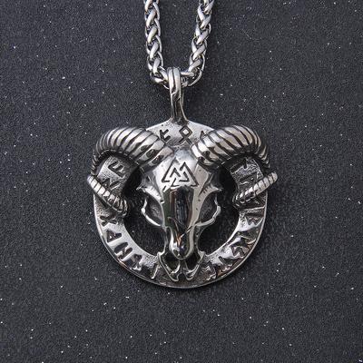 Norse Mythology Men Stainless Steel Nordic Viking Amulet Thor Goat Valknut Pendant Necklace Viking Goat Head Stainless Steel
