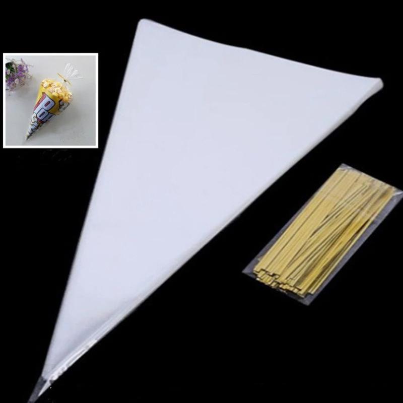 100Pcs Clear Cone Candy Storage Bags Cones Transprant Plastic Bag Popcorn Candy Bags For Baby Shower Wedding Party Bags Supplies