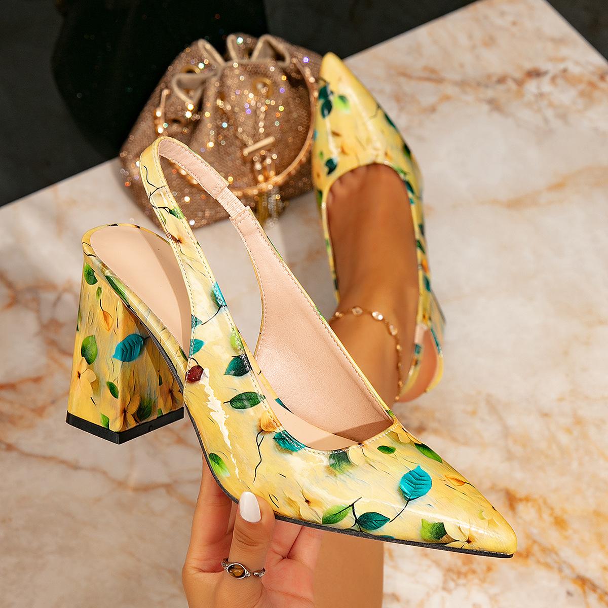 

Женские босоножки на высоком каблуке женские модные с цветной печатью простые остроносые на толстом каблуке босоножки на высоком каблуке женские 42