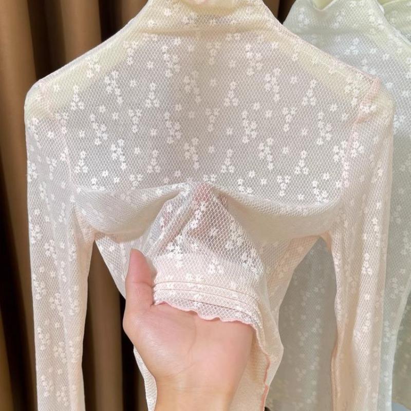 Women's Elegant Turtleneck Sheer Mesh Top with Floral Print Long Sleeve Slim Blouse